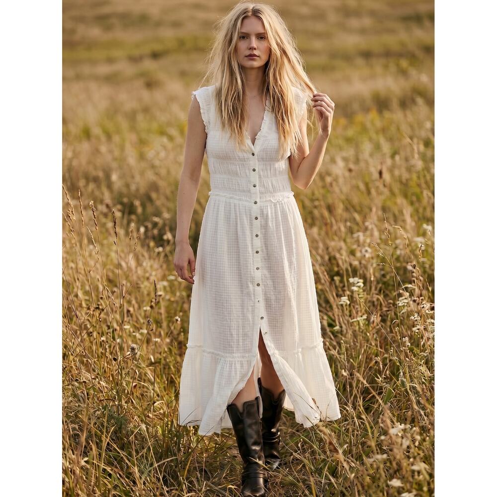 Free People Ethereal Cottage Desert Dazed Midi Dress Maxi Top Ivory Small Boho